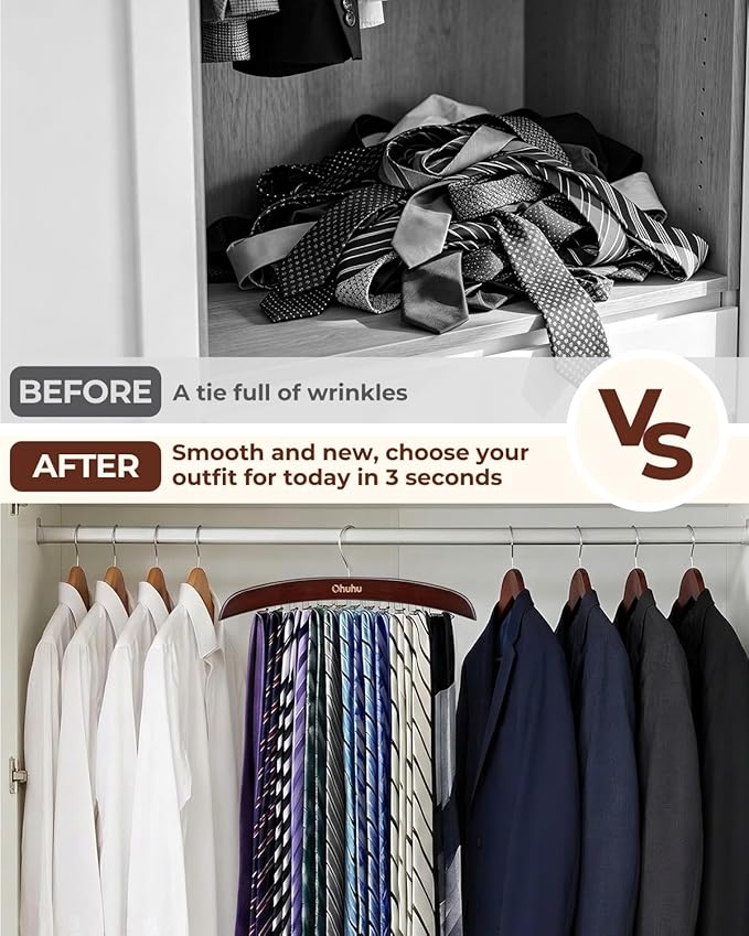 Tie Rack Hanger for Closet: Ohuhu 24 Folding Hooks Tie Hangers for Men Wooden Tie Holder Organizer Space Saving Necktie Storage 360 Degree Rotating Ties Belts Scarves Tank Tops Accessories-Walnut