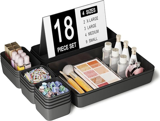 Plastic Drawer Organizers, 18 PCS Drawer Organizer Bins, Black