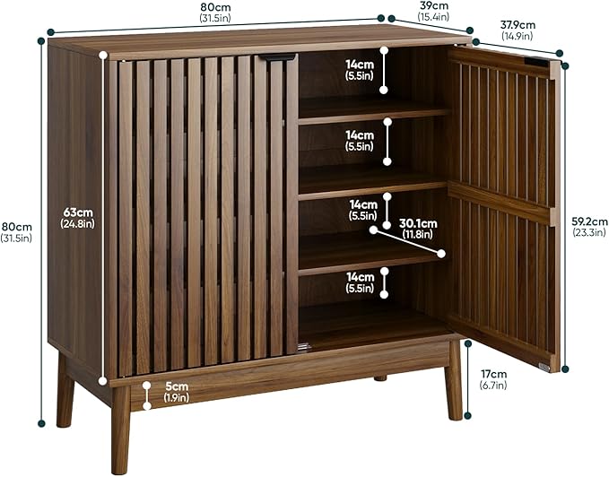 Kiasthome Shoe Storage Cabinet with Ventilated Slatted Doors, Wooden Shoe Organizer, Shoes Rack for Entryway, Hallway, Living Room
