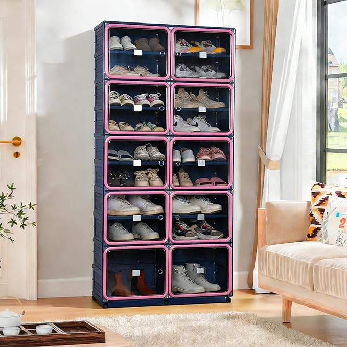 Collapsible Shoe Rack Organizer, 9 Tiers-36 Pairs Foldable Shoe Cabinet with Magnetic Clear Door, Large Plastic Folding Shoe Cabinet Blue & Pink, Easy Assembly Shoe Shelves Organizer for Entryway