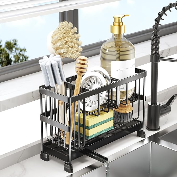 Sponge Holder for Kitchen Sink, 2-Tier Sink Caddy Organizer with High Brush Holder, Dish Soap and Scrubber Holder- Kitchen Counter Decro -RV Essentials -House Warming Gift