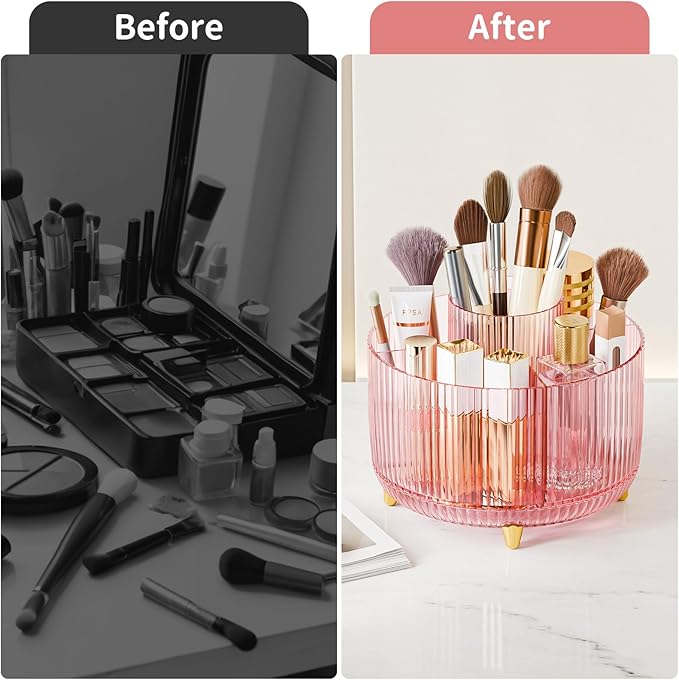Clear Rotating Makeup Organizer Countertop for Vanity, Transparent Pink