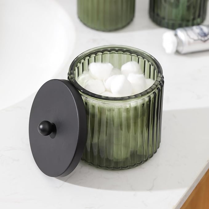 2-Pack Glass Qtip Holder Dispenser Set for Cotton Ball, Swab, Olive Green