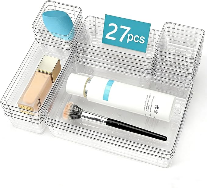 27 PCS Clear Drawer Organizer Set, 4 Sizes Desk Drawer Storage Bins, Divider Trays for Makeup, Vanity, Bathroom, Kitchen, Office
