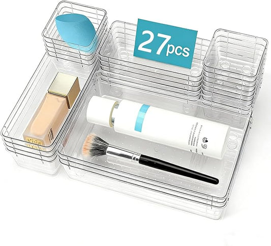 27 PCS Clear Drawer Organizer Set, 4 Sizes Desk Drawer Storage Bins