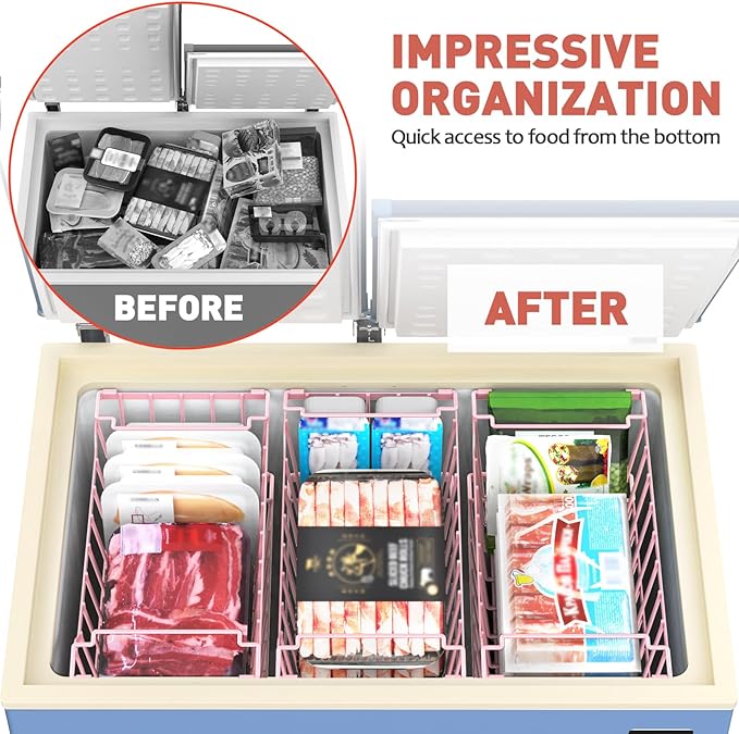 Goovilla Freezer Organizer Bins with Foldable Handle, 4 Pack Stackable Freezer Baskets for 3.5-7 Cu.FT Deep Chest Freezer Organization, Pink Metal Freezer Storage Bins with Better Space Utilization