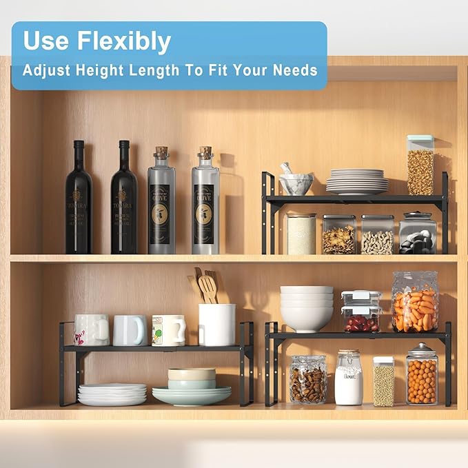 Set of 2 Expandable Cabinet Shelf Organizer, Stackable Kitchen Countertop Shelves Spice Racks, Small Metal Storage Shelf For Cupboard Counter Tabletop, 30 LBS Heavy Duty, Adjustable, 13.8" to 21.6"