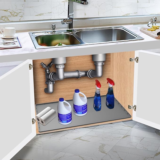 Under Sink Mat for Kitchen Waterproof, 34" x 22" Silicone Under Sink Liner Kitchen & Bathroom Cabinet Protector Mats, Heavy Duty Flexible Under Sink Drip Tray with Lip, Cool Grey