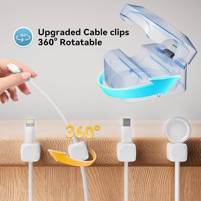 Lancord 8 Pack Rotatable Cable Clips, Spring Cord Holder for Nightstand, Adhesive Cable Management Clips for Desk, Office, Car, Wall, Charging Cord Organizer