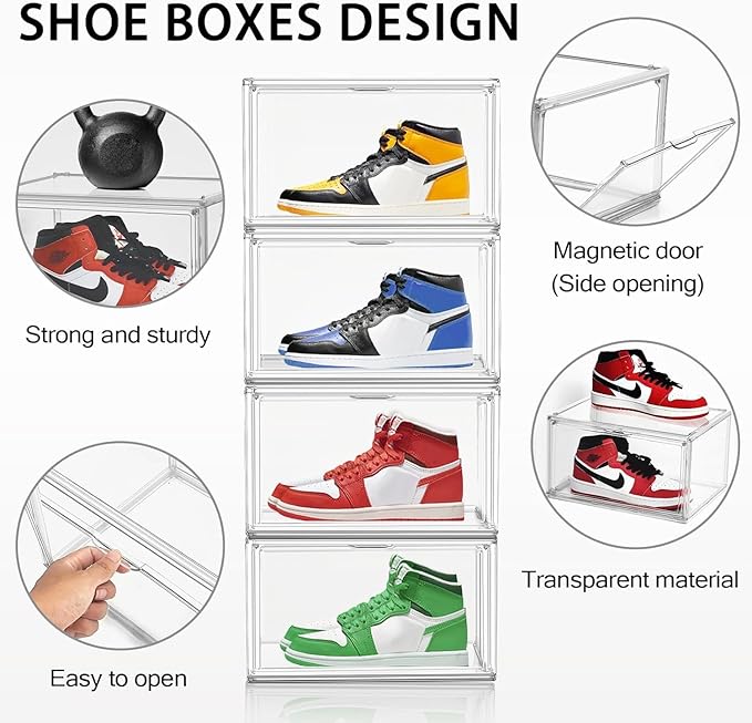 Size 14 Shoe Storage Organizer, Clear Stackable Shoe Boxes with Magnetic Door, Acrylic Sneaker Shoe Display Case, Plastic Shoe Organizer Containers for Sneakers, Fits up to Men’s Size 14, 1 Pack