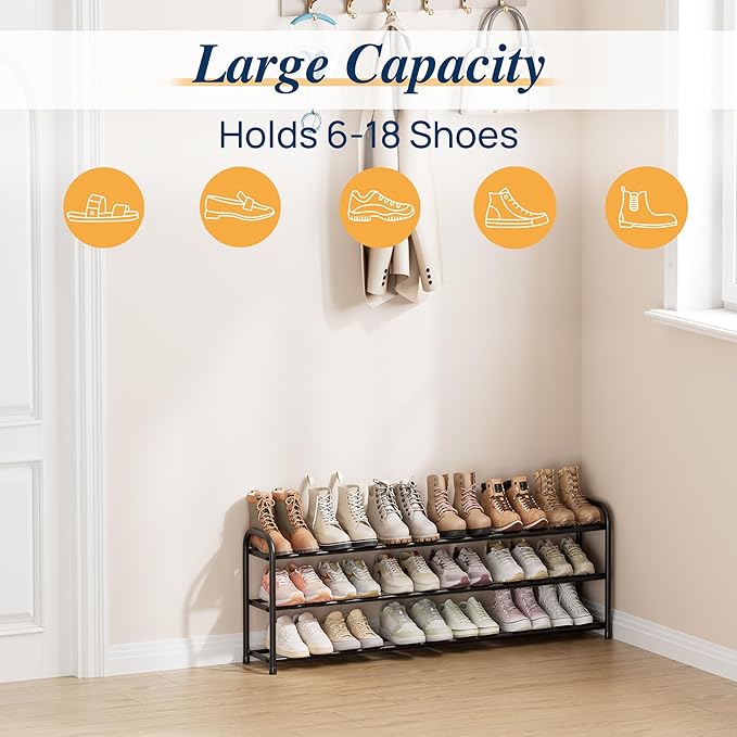 ENJOYBASICS 3 Tier Expandable Shoe Rack for Closet, Free Standing Metal Shoe Shelf Storage Organizer Holder 18 Pairs, Adjustable Width Shoe Rack for Entryway Small Space, Black