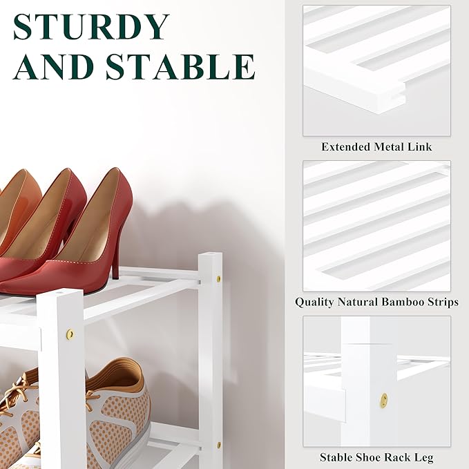 Smiry Bamboo Shoe Rack for Closet, 5 Tier Small Wooden Shoe Organizer, Stackable Wood Shoe Storage Shelf for Entryway, 14 Vertical Slats, 2+3 Stack Heavy-Duty Legs, 17.32"x11.02"x31.3", White