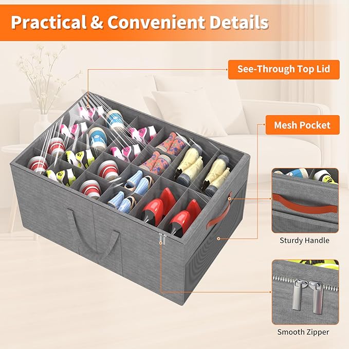 Aokeyee 2 Pack Shoe Organizer for Closet, Large Shoe Storage Box Fits up to 48 Pairs, Space Saving Foldable Shoes Organizer Bin w/Clear Cover and 4 Reinforced Handles, Grey