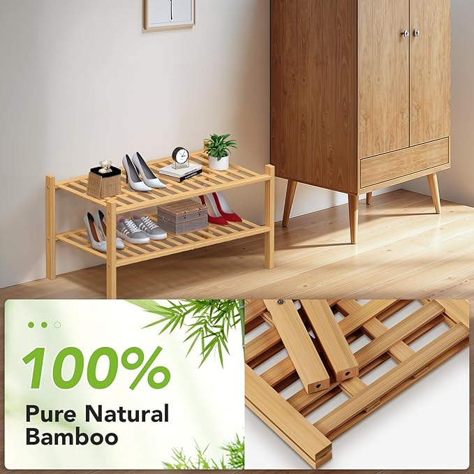Haddockway Large 2 Tier Bamboo Shoe Rack Storage Organizer, Multifunctional Free Standing Stackable Shoe Shelf with Grid Panel for Closet,Hallway,Entryway,Small Space 27"x12"x14"