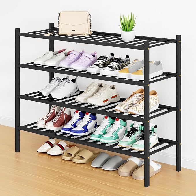 Smiry Long Bamboo Shoe Rack, 4 Tier Free Standing Wooden Shoe Organizer, Stackable Wood Shoe Storage Shelf for Closet, Entryway, 12 Vertical Slats, 2+2 Stack Standard Legs, 33.7"x11"x26", Black