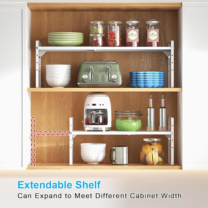 15.5 to 25.5 Inch Expandable Kitchen Cabinet Organizer Shelf, 30 LBS Heavy Duty Stackable Kitchen Counter Storage Shelves Organizers, 2 Pack Adjustable Small Storage Shelf Rack For Cabinet Cupboard