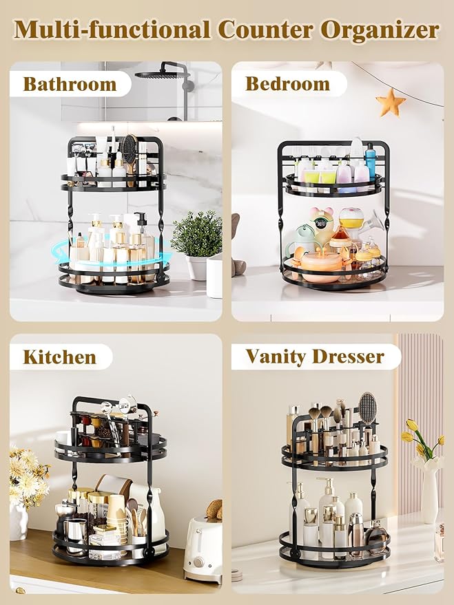 Rotating Makeup Vanity Organizer, 360 Spinning Perfume Organizer for Dresser, 2-Tier Black Bathroom Countertop Organizer, Lazy Susan Skincare Storage, Cosmetic Display with Makeup Brush Holder