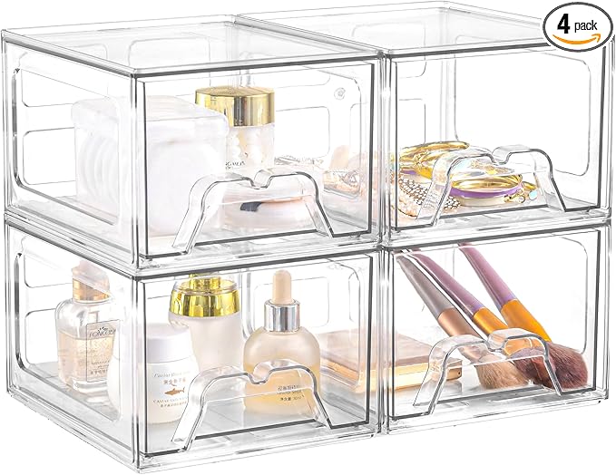 Plastic Drawers Storage, 4 Pack Clear Stackable Storage Drawers