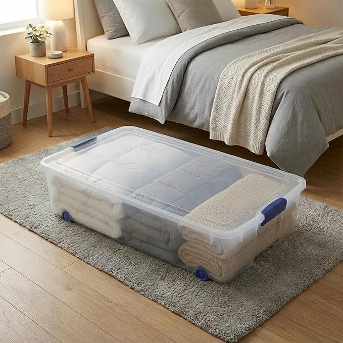 66 Quart Clear Underbed Storage Bin with Wheels & Latching Lid - Low Profile Plastic Storage Container for Clothes, Shoes, Bedding, Wrapping Paper Organizer, Slim Rolling Under Bed Storage Box