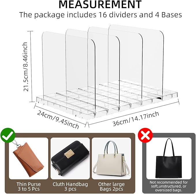 Stackable Bag & Purse Organizer for Closet Shelf Acrylic Shelf Dividers for Closet Organization, Clear Handbag Purse Storage Organizer Divider, Keep Clutch, Wallet, Pocketbook Upright, 4 Pack