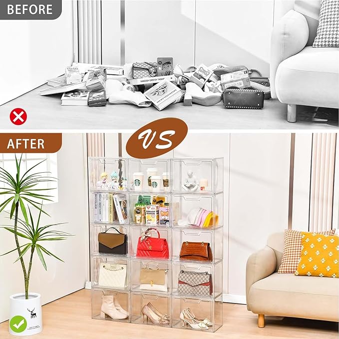 Freebat Stackable Storage Organizers Clear Acrylic Display Case, 5-Pack Acrylic Boxes with Lids, Clear Storage Containers Storage for Handbags, Collectibles & Figures