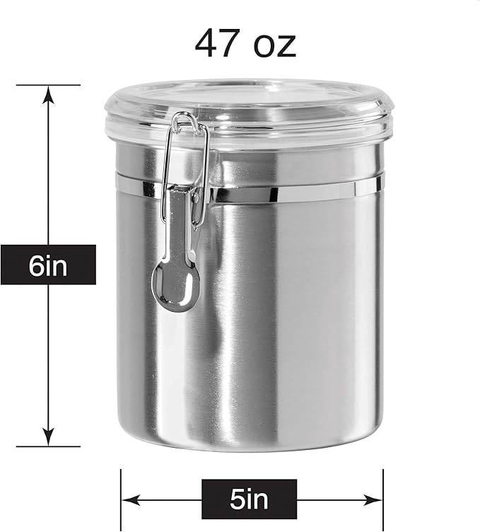 Stainless Steel Kitchen Canister 47oz, Airtight Clamp Lid, Clear See-Thru Top