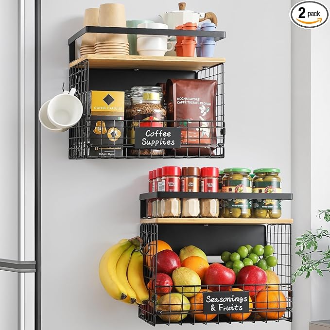 [WIDER SHELF] 2 SET Strong Magnetic Shelf Basket for Fridge with Tag & Bamboo Top, XXL Large Magnetic Spice Rack Shelves for Side of Refrigerator, Kitchen Pantry Storage Organizer for Food Fruit Veg