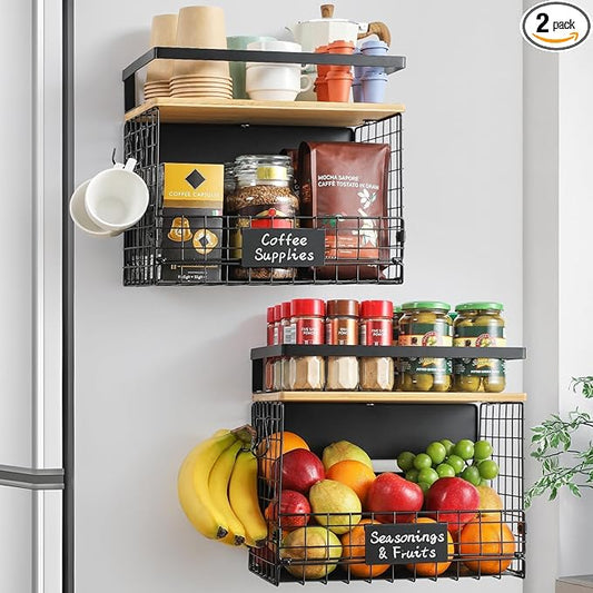 [WIDER SHELF] 2 SET Strong Magnetic Shelf Basket for Fridge with Tag & Bamboo Top, XXL Large Magnetic Spice Rack Shelves for Side of Refrigerator, Kitchen Pantry Storage Organizer for Food Fruit Veg