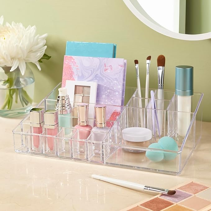 Audrey Clear Vanity Makeup Organizer, 15-Compartment Holder for Brushes