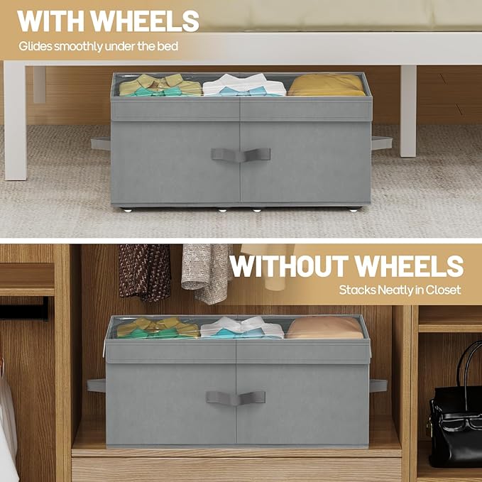 Large Under Bed Storage with Wheels, 10" Height Rolling Underbed Storage Containers Bins with Lid, Deep No-Assembly Under Dorm Bed Storage Drawers for Shoes, Clothes, Blankets (2 Pack, Grey)