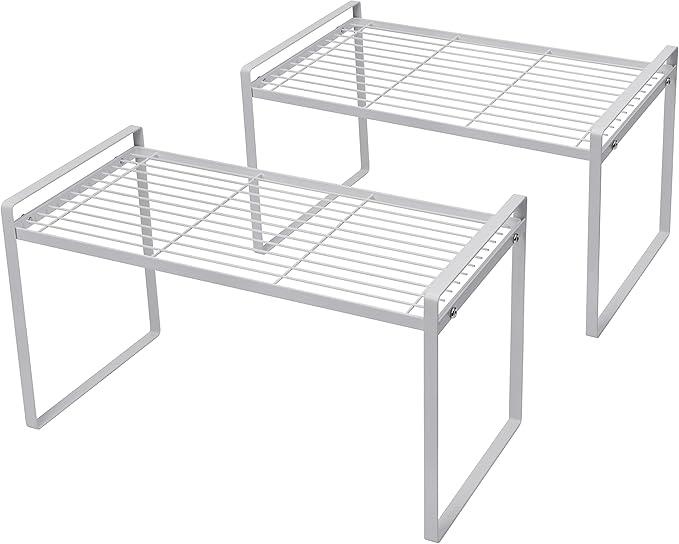 Shantton 2Pack Cabinet Shelf Organizer Storage Rack Space Saving for Kitchen Counter Pantry Bathroom Cupboard Under Sink Office Table Steel Stackable Rust Resistant Heavy Duty Nonslip 16” White - Tall