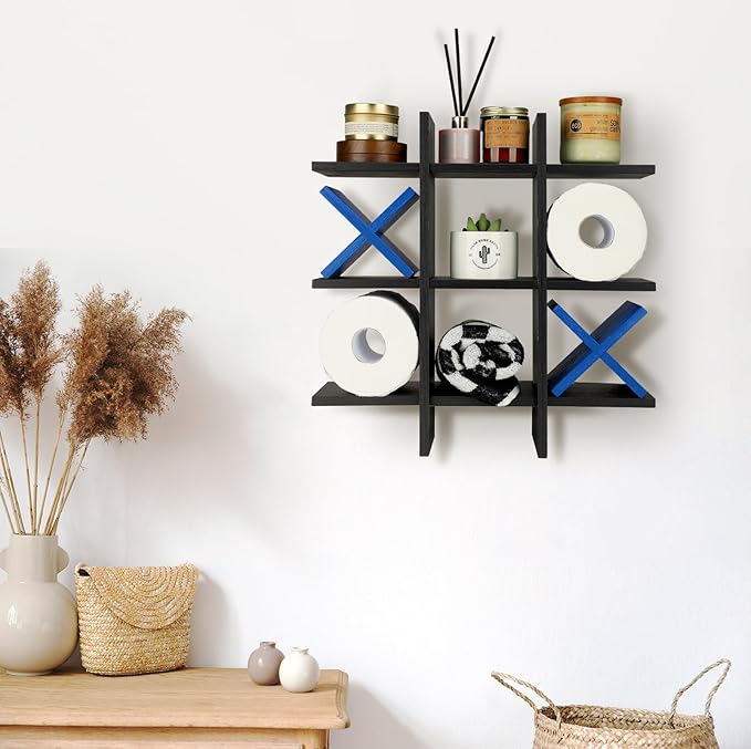 Weysat Tic Tac Toe Toilet Paper Holder Stand Bathroom Wall Decor Rustic Wooden Hanging Storage Freestanding Wall Mounted Shelves Decor for Toilet Tissue Farmhouse
