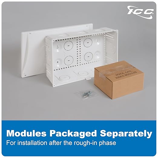 ICC 9” Plastic Structured Wiring Enclosure with Cover, Includes 3 Connectivity Modules (CAT6 8-Port PoE++ Module, 1x8 Bridged Telephone RJ31X Module, 1x6 Video Module), UL Listed, TAA Compliant