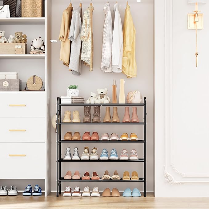 5 Tier Shoe Rack 33" Wide Metal Shoe Organizer Long Shoe Storage with 4 Side
