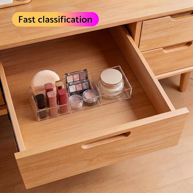 HIIMIEI 3 Section Clear Acrylic Drawer Organizer Tray, Office & Makeup Drawer Organizer (11.8x4.3 inch)