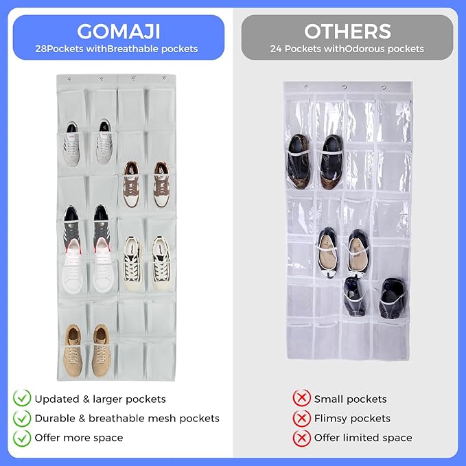 GOMAJI 28 Large Pockets Over the Door Shoe Organizer with 4 Hooks for Different Widths Doors, Hanging Shoe Rack Holder for Closet Men Sneakers, Women High Heels