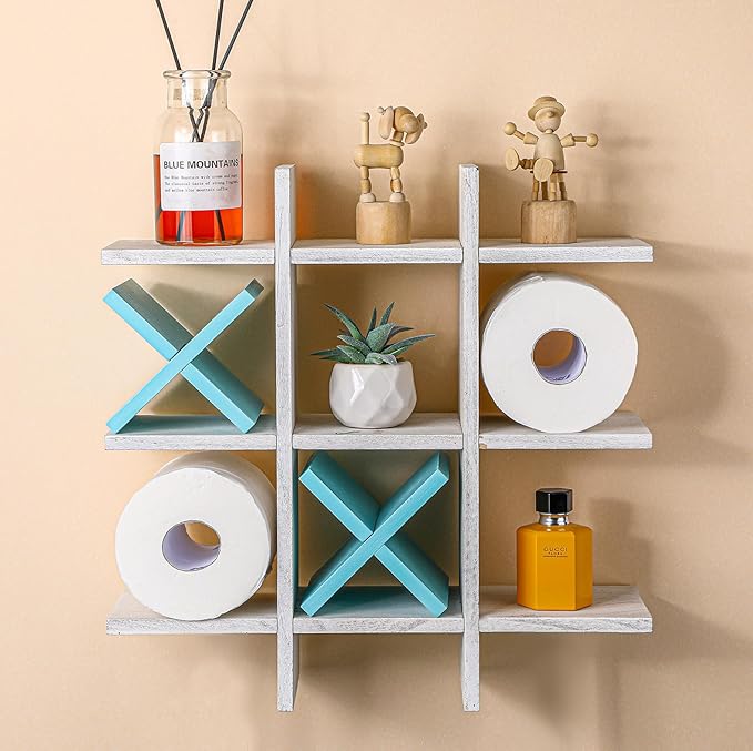 Weysat Tic Tac Toe Toilet Paper Holder Stand Bathroom Wall Decor Rustic Wooden Hanging Storage Freestanding Wall Mounted Shelves Decor for Toilet Tissue Farmhouse