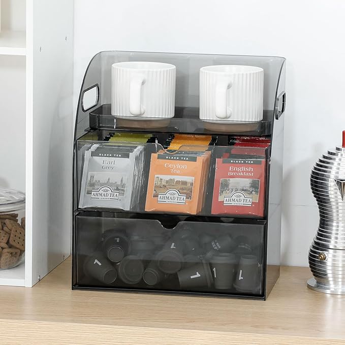 Plastic Under Sink Organizer with Drawers, Gray Kitchen and Pantry Storage Container for Trash Bags, Dishwasher Detergents, Sponge, Large Laundry Pods Dispenser with Handle for Cabinet