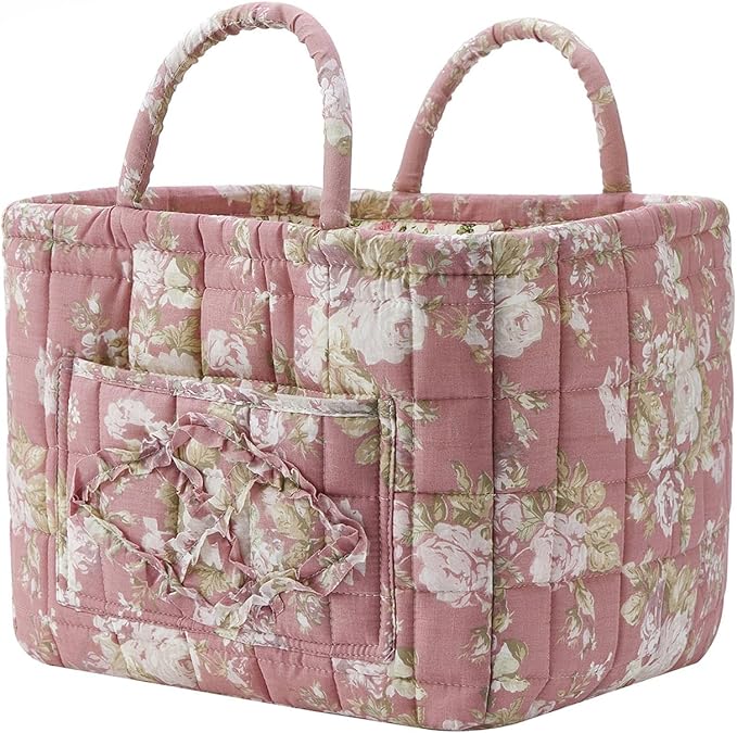 Fabric Baskets for Storage - Quilted Boho Floral Basket with Handles, Foldable Organizer for Home, Office, Clothes, Blankets, Books or Toys - 12'' x 10'' x 10''(Multi)