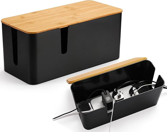 Bamboo Lid Cord Organizer Box, 2Pack Large Cable Management Box, Black