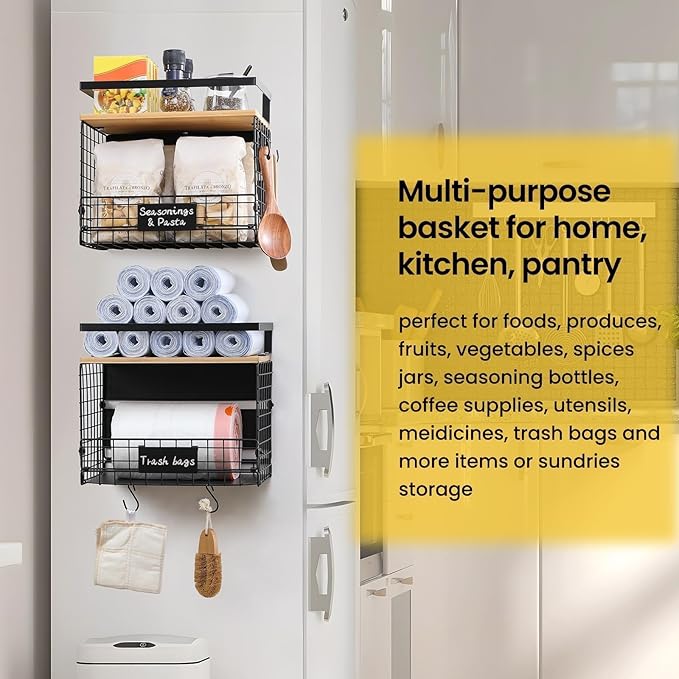 [WIDER SHELF] 2 SET Strong Magnetic Shelf Basket for Fridge with Tag & Bamboo Top, XXL Large Magnetic Spice Rack Shelves for Side of Refrigerator, Kitchen Pantry Storage Organizer for Food Fruit Veg