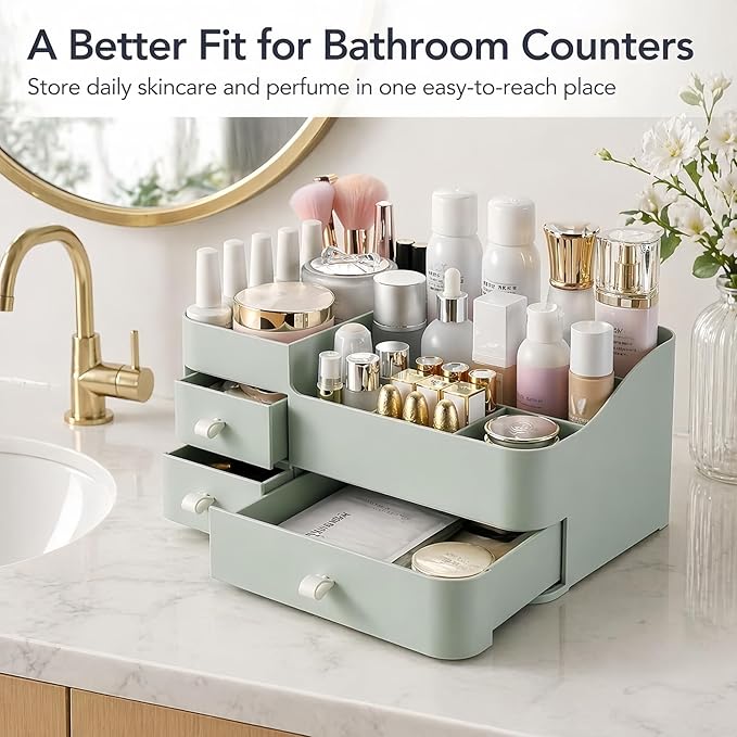 Makeup Organizer with 3 Drawers, Large Vanity Storage for Skincare, Perfume, Lipstick and Brushes, Countertop Cosmetic Holder for Bathroom, Dresser or Bedroom, Green