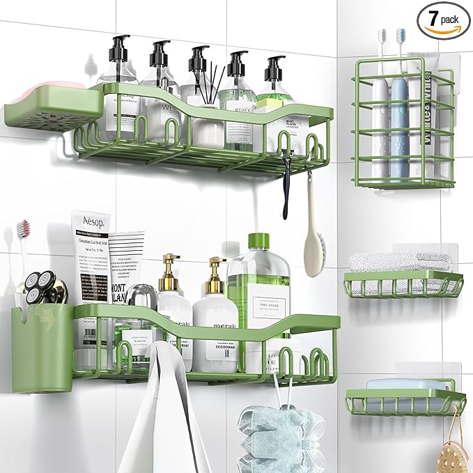NESOMI Shower Caddy Adhesive Shower Organizer 7-Pack, Rustproof Stainless Steel Bathroom Shelves, Large Capacity No-Drill Rack Storage Accessories with Soap Dish Toothbrush Holder Hooks