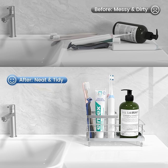 Luxspire Toothbrush Holders, 6 Slots Stainless Steel Tooth Brush Holder with Drainage, Toothbrush Holder for Bathroom Countertop & Kitchen Sink, Bathroom Accessories, Silver