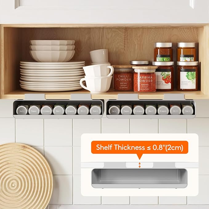 Lifewit Under Cabinet Spice Rack Organizer with 7 Jars, Lables, Under Shelf, Easy Refilling with Silicone Funnel,Seasoning Organizer for Kitchen Storage Solution, Gray