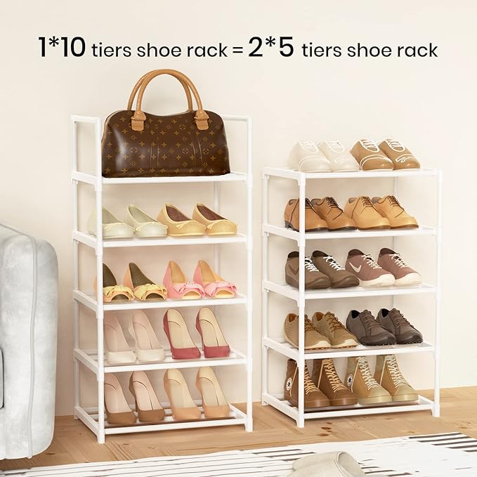 Metal Shoe Rack Organizer 10 Tiers, 20-24 Pairs Narrow Tall Shoe Racks for Closets Entryway - Vertical Boots Organizer Storage - Sturdy Shoe Shelf Cabinet White