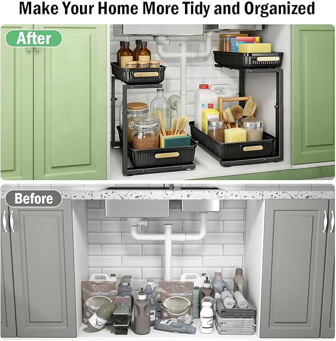 ARSTPEOE Under Sink Organizer - 2 Packs Multi-Purpose Pull-Out Storage Organizers, Slide out Pull out Metal Cabinet Organizer Shelf, Storage for Kitchen Bathroom, Black