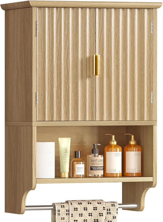 Fluted Bathroom Wall Cabinet with Adjustable Shelves and Towel Rack