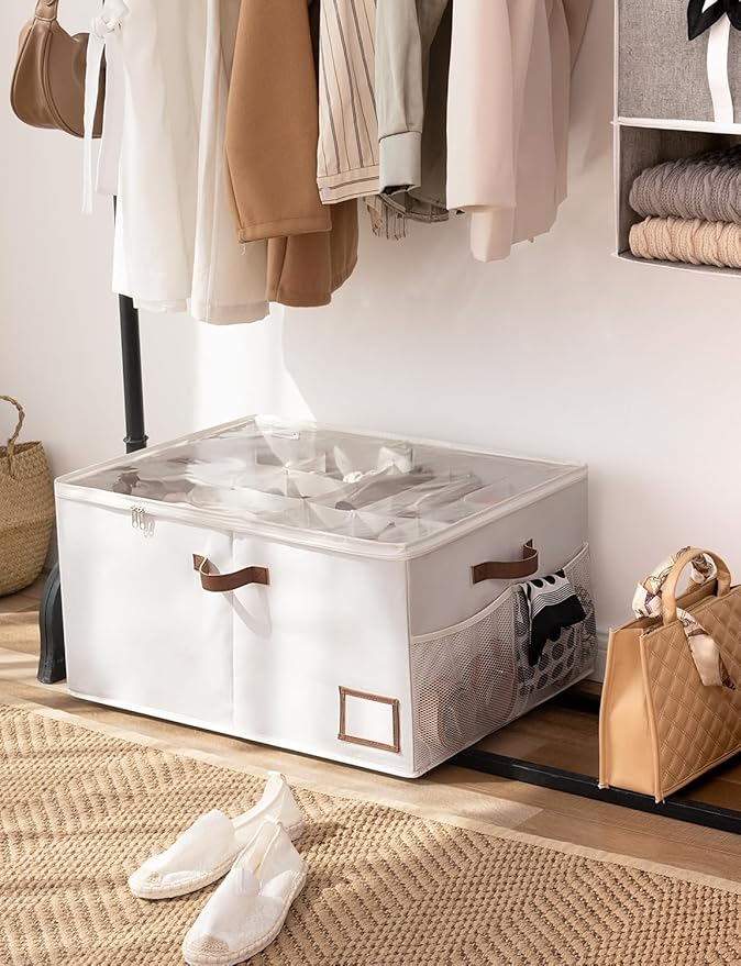 StorageWorks Shoe Organizer for Closet, Shoe Storage with Side Mesh Pocket, Shoe Cubby with Clear Cover, Storage Shoe Containers for Sneakers and Sandals, Fits up to 20 Pairs, Beige