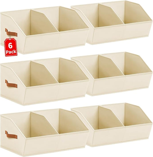 Homsorout Closet Organizers and Storage Bins - 6 Pack Collapsible Divided Trapezoidal Cube Storage Bins Baskets with Orange Handle for Organizing Clothes Blankets, Toys, Books, Towels(Beige)